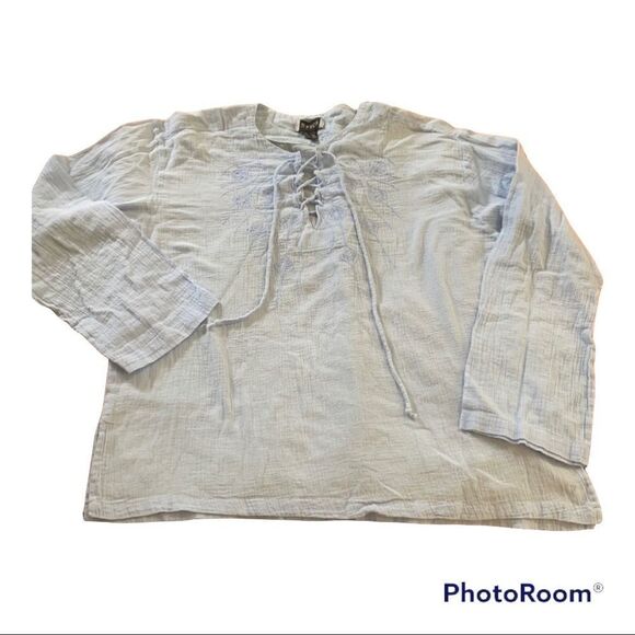 Pale Blue Cheesecloth Boho Embroidered Peasant Blouse - Picture 3 of 9